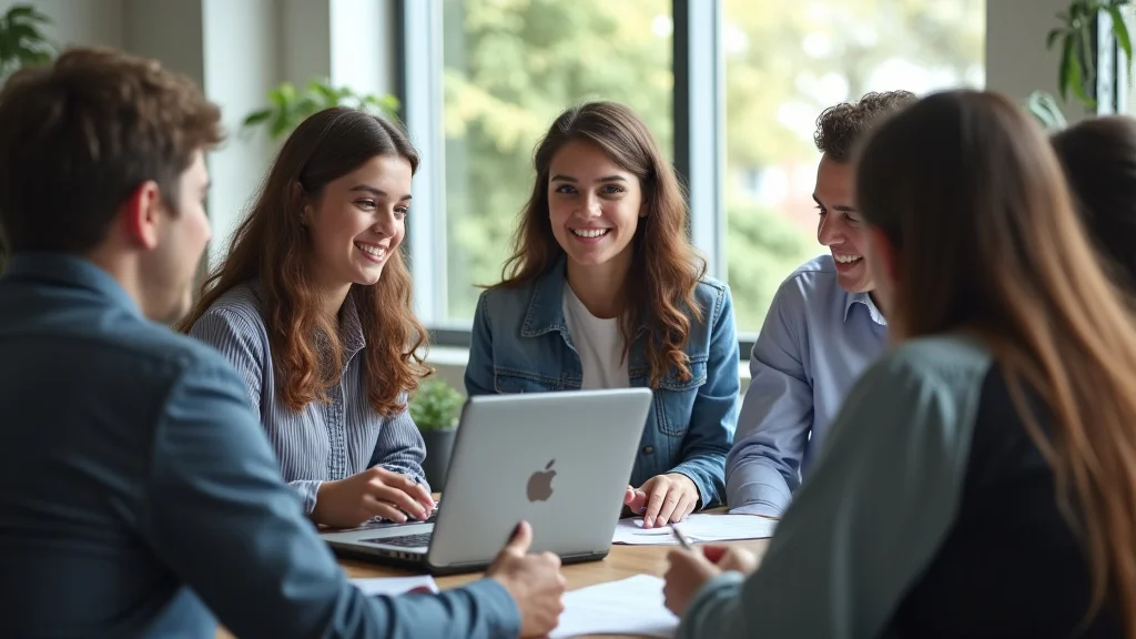 The image shows a diverse group of young people in a modern office, seeking internship jobs in Bangladesh.